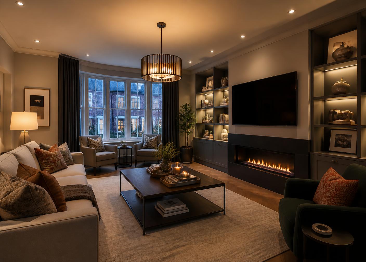 Modern residential interior with professionally installed lighting